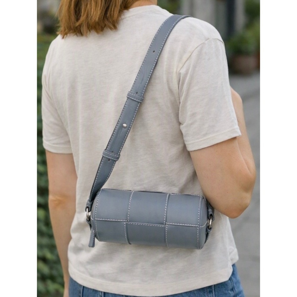 Bottega Veneta Cassette Duffle‎ Leather Crossbody 741561 Intrecciato Blue Grey - Picture 4 of 16